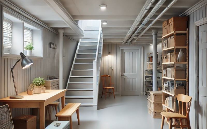 Nyrenoverad källare efter fuktskada. Spånga, Solhem